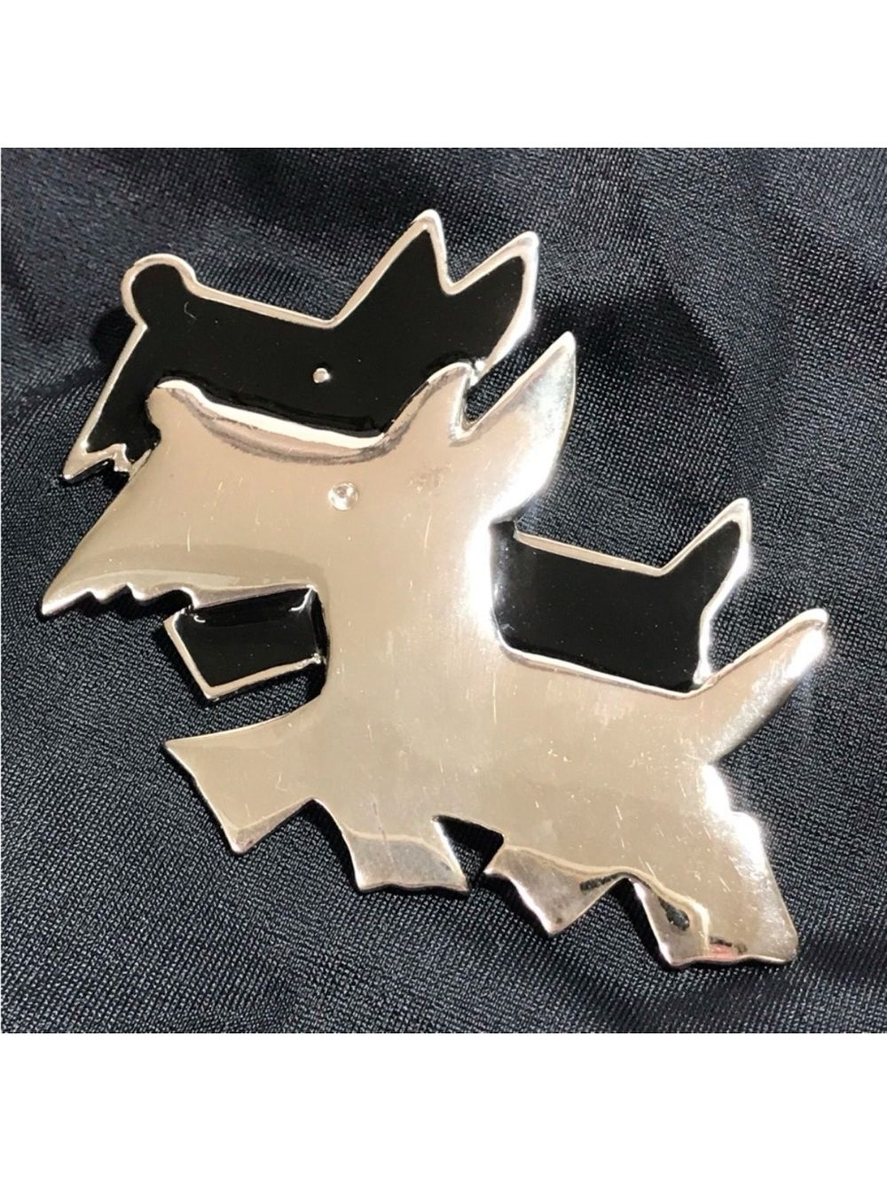 Vintage Scottish Highland Terriers Black Enamel & Silvertone Pin Brooch